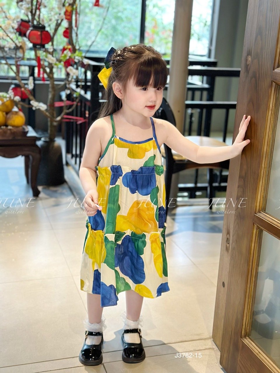 V00052 - Váy June with love vải thô mát 2 dây kèm kẹp tóc nhiều màu BG size 1-10y
