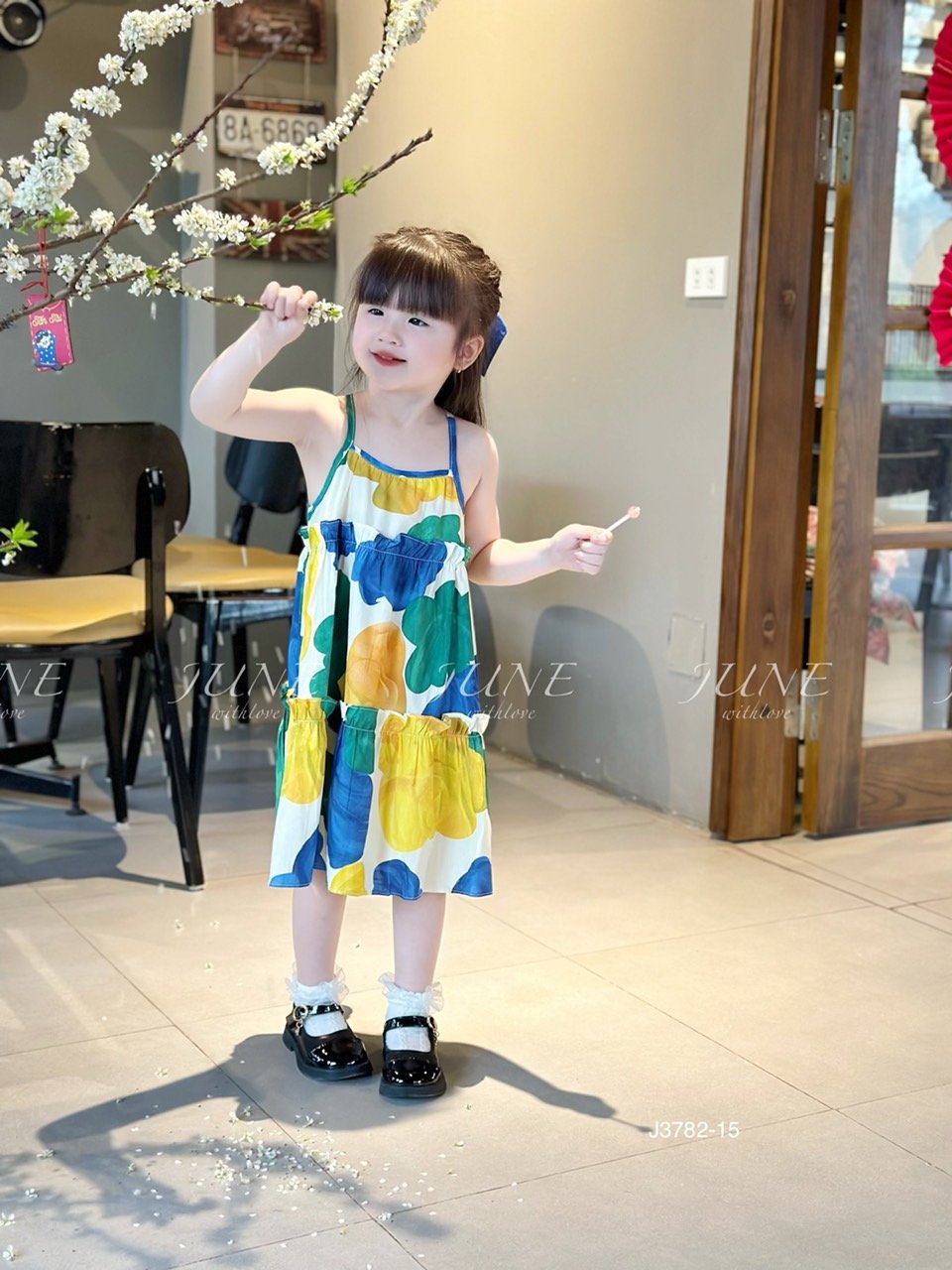 V00052 - Váy June with love vải thô mát 2 dây kèm kẹp tóc nhiều màu BG size 1-10y
