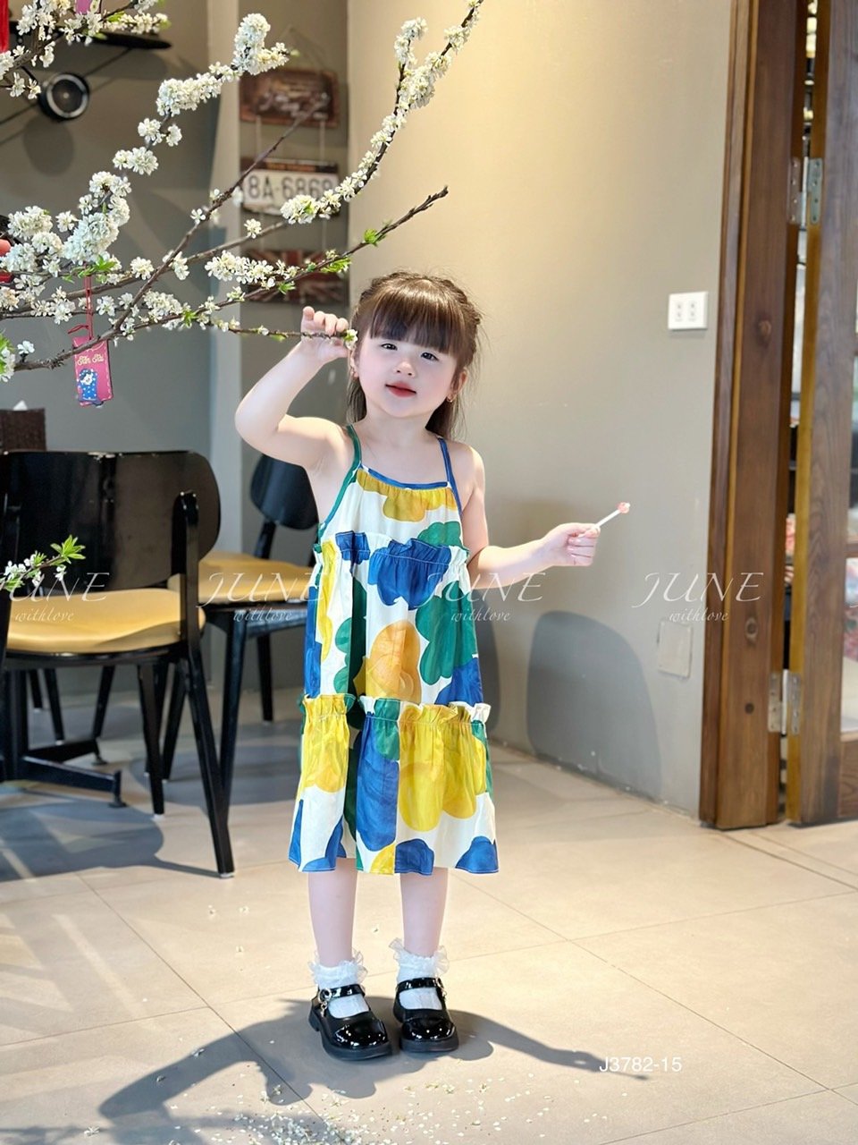 V00052 - Váy June with love vải thô mát 2 dây kèm kẹp tóc nhiều màu BG size 1-10y