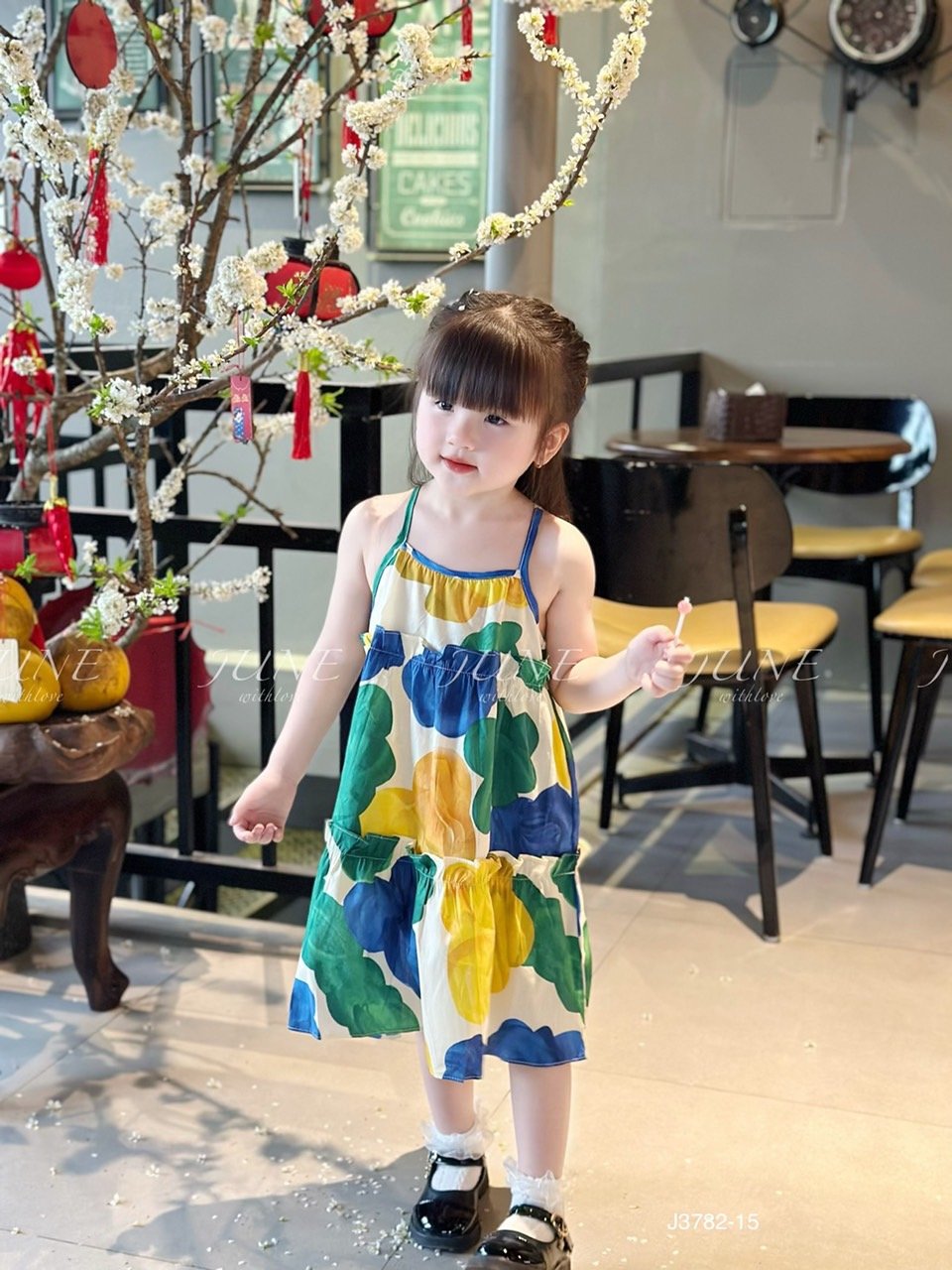 V00052 - Váy June with love vải thô mát 2 dây kèm kẹp tóc nhiều màu BG size 1-10y