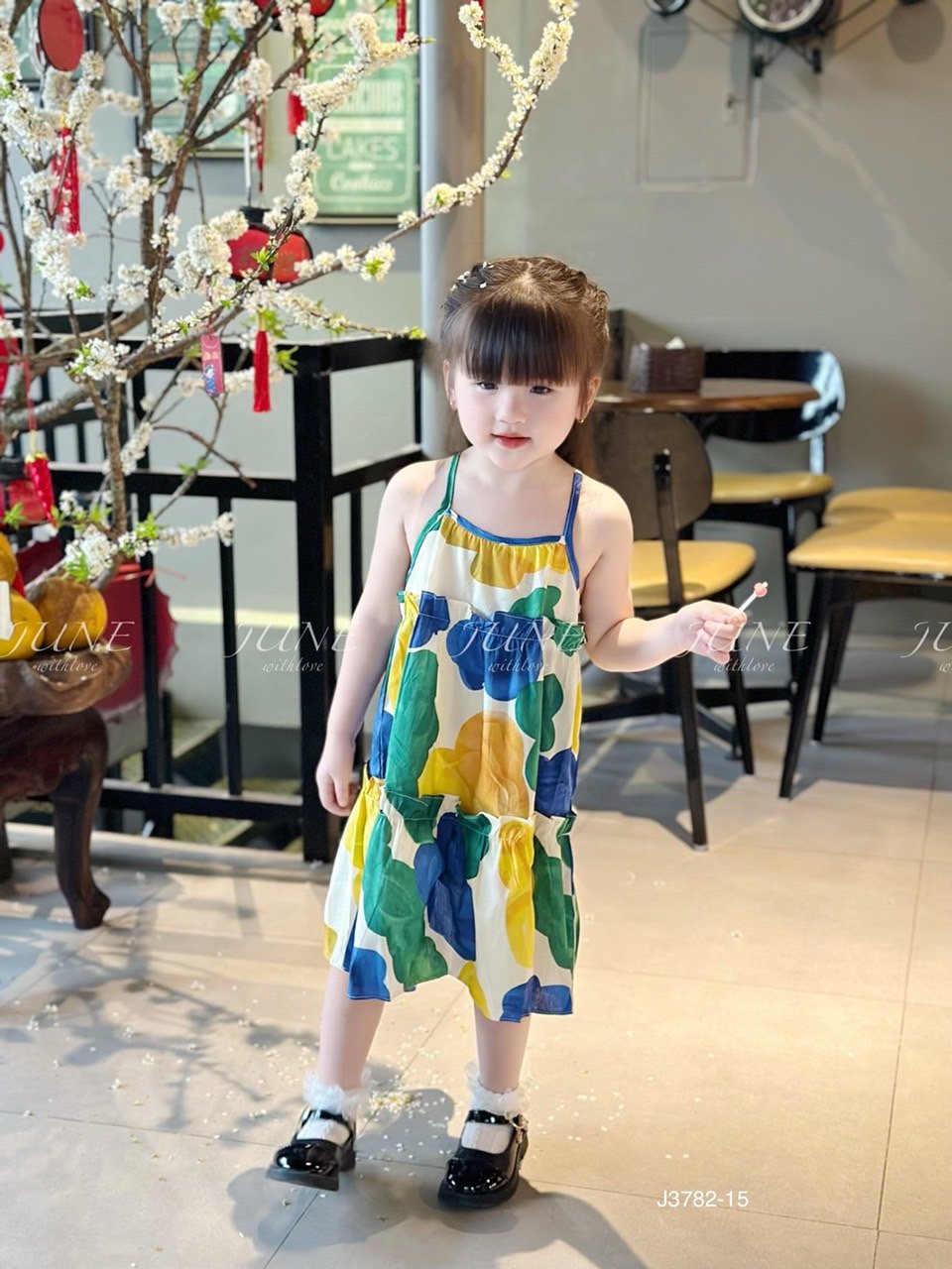 V00052 - Váy June with love vải thô mát 2 dây kèm kẹp tóc nhiều màu BG size 1-10y