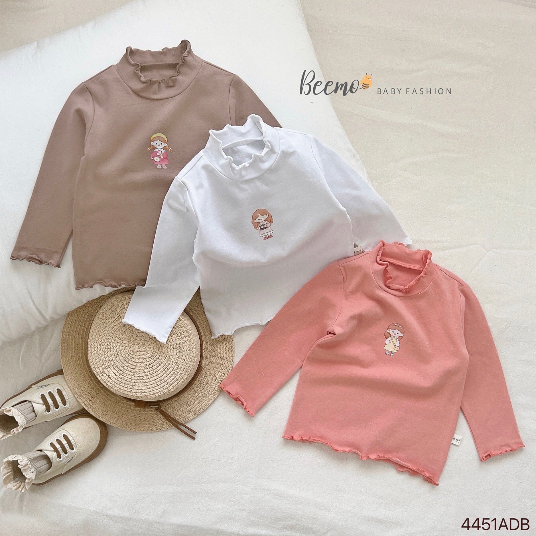 Áo cotton dài tay Beemo phối viền bèo in hình bé gái size 80-130