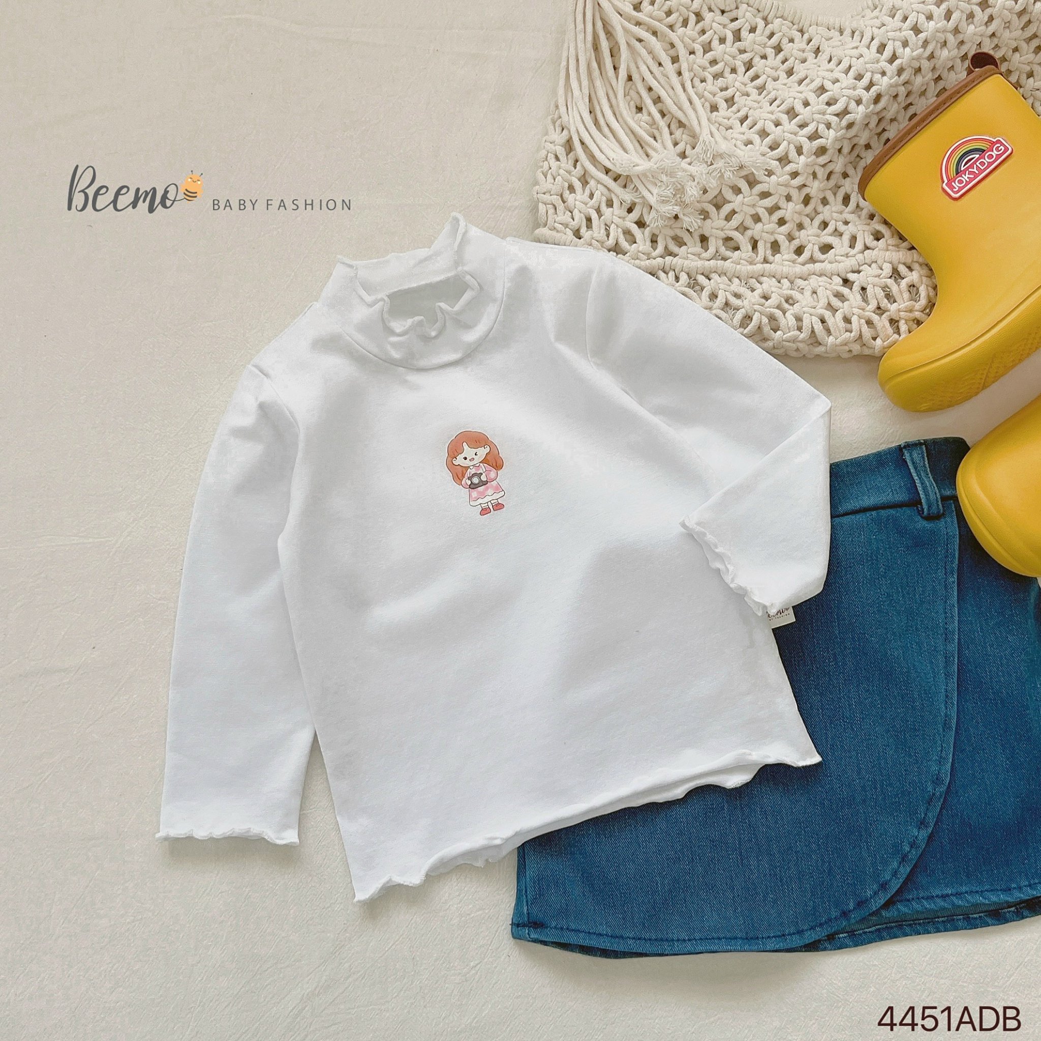Áo cotton dài tay Beemo phối viền bèo in hình bé gái size 80-130