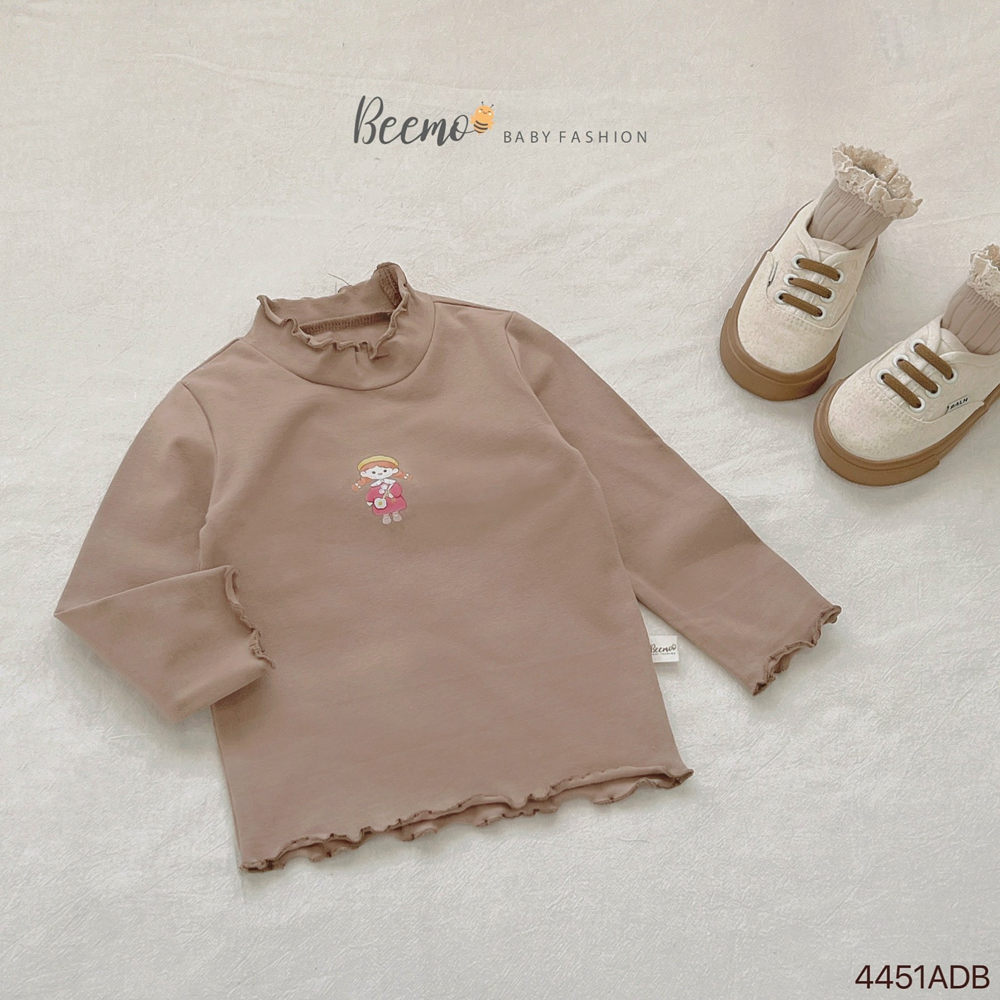 Áo cotton dài tay Beemo phối viền bèo in hình bé gái size 80-130