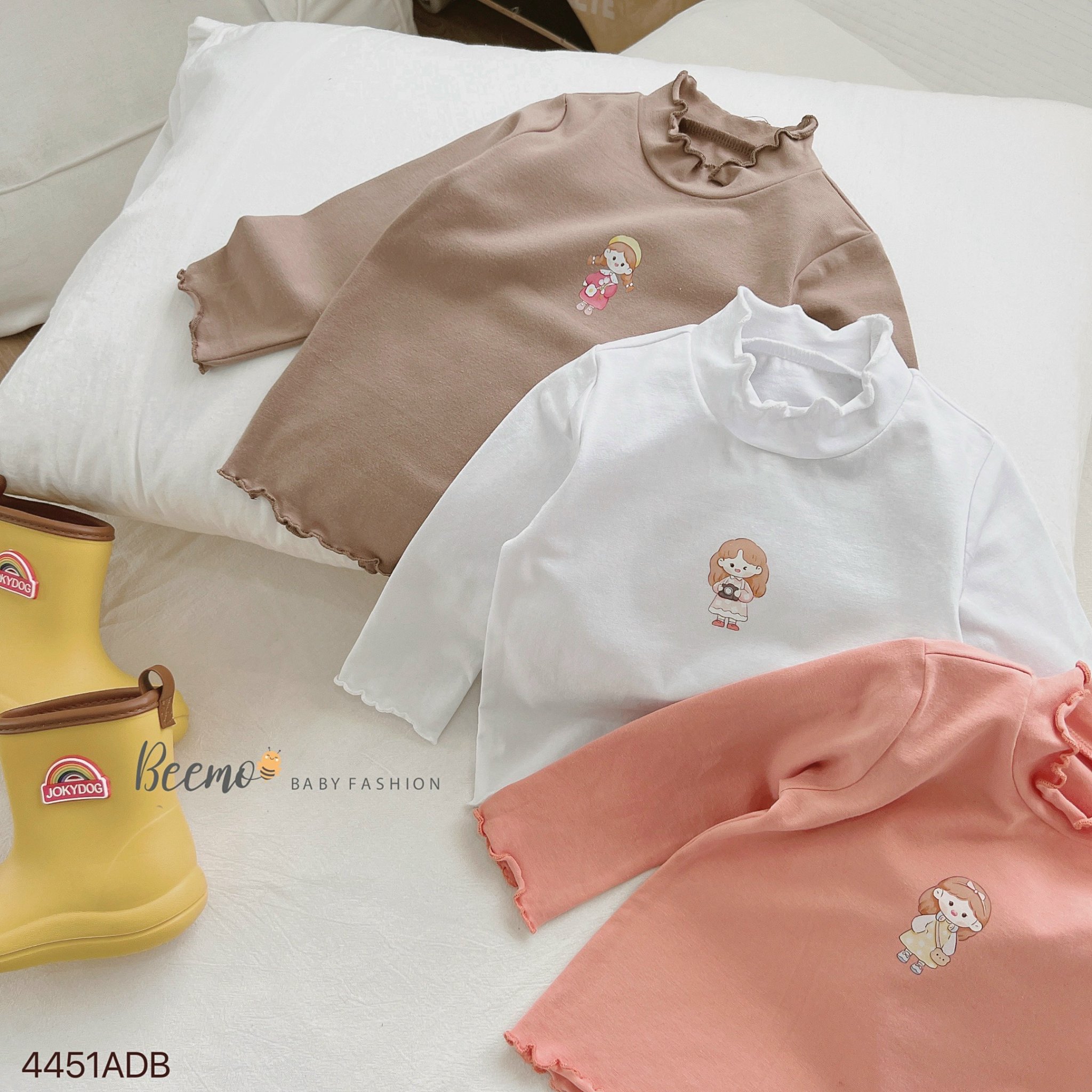 Áo cotton dài tay Beemo phối viền bèo in hình bé gái size 80-130