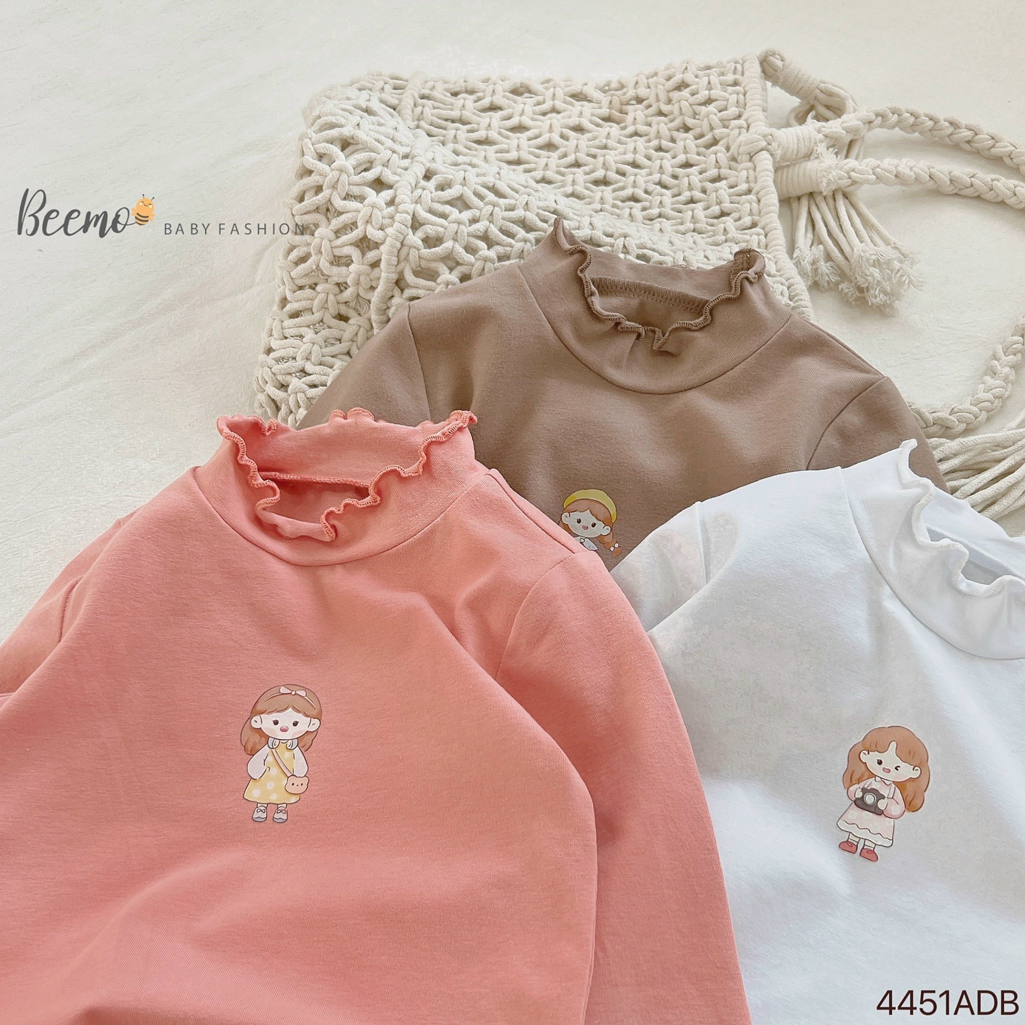 Áo cotton dài tay Beemo phối viền bèo in hình bé gái size 80-130