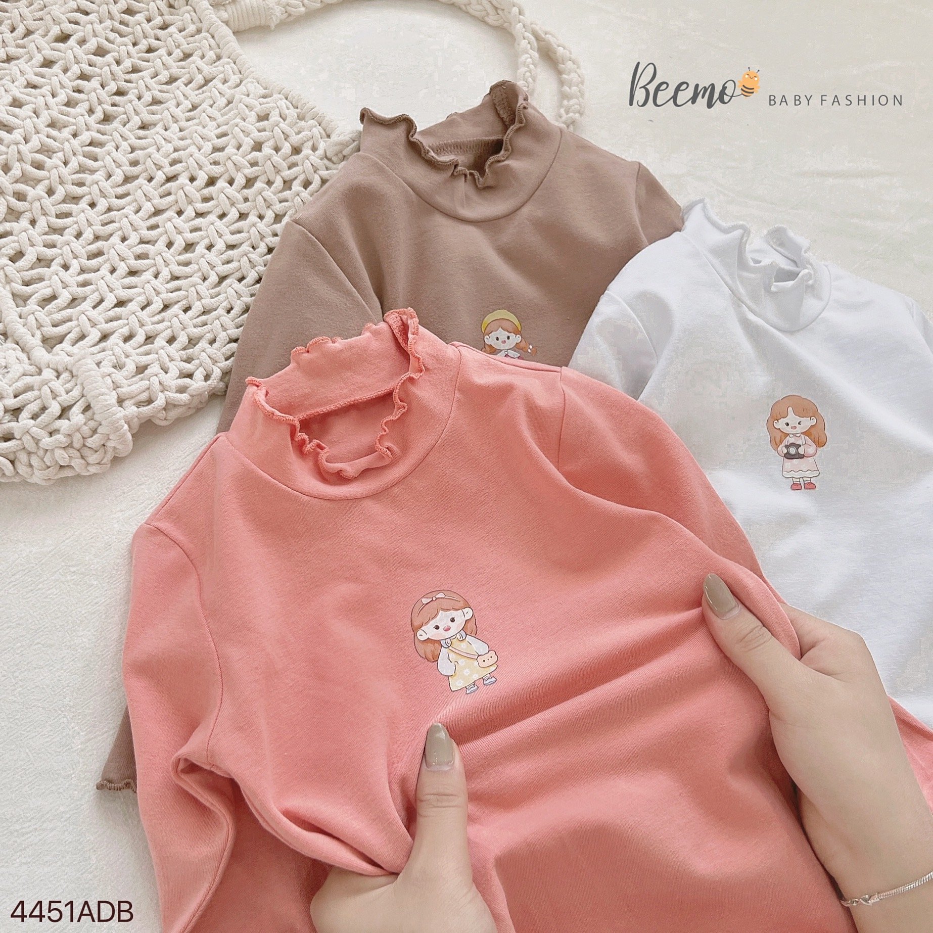 Áo cotton dài tay Beemo phối viền bèo in hình bé gái size 80-130