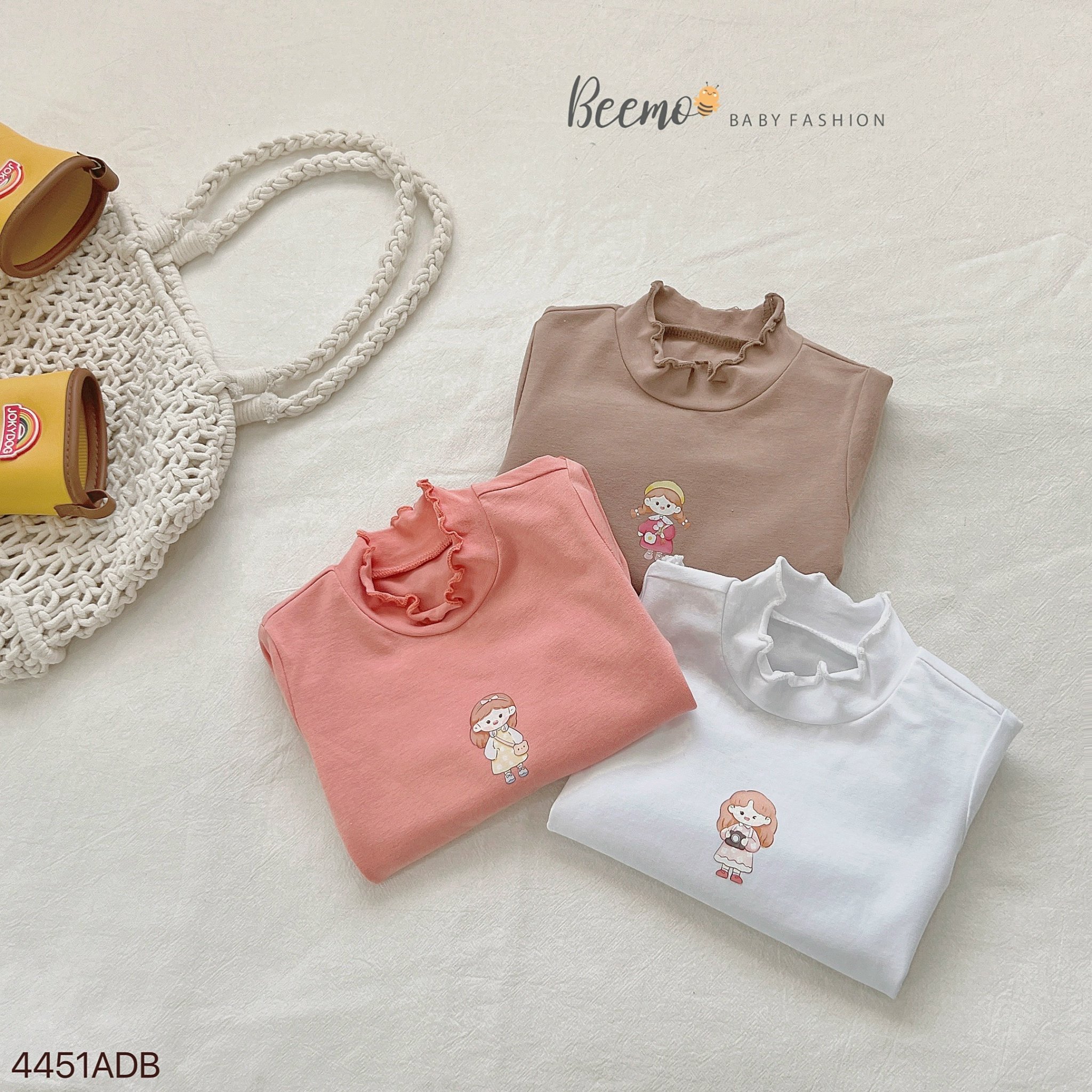 Áo cotton dài tay Beemo phối viền bèo in hình bé gái size 80-130