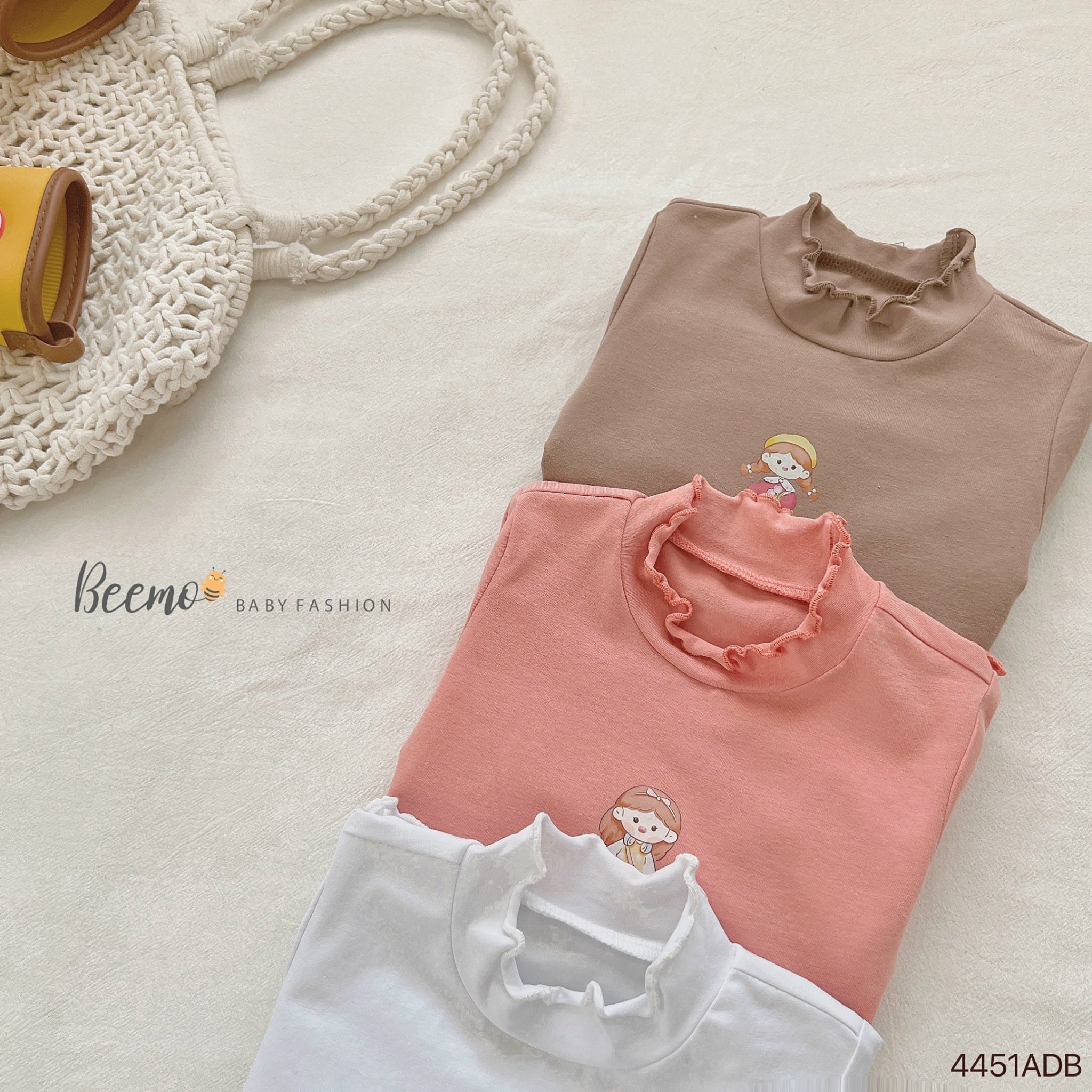 Áo cotton dài tay Beemo phối viền bèo in hình bé gái size 80-130