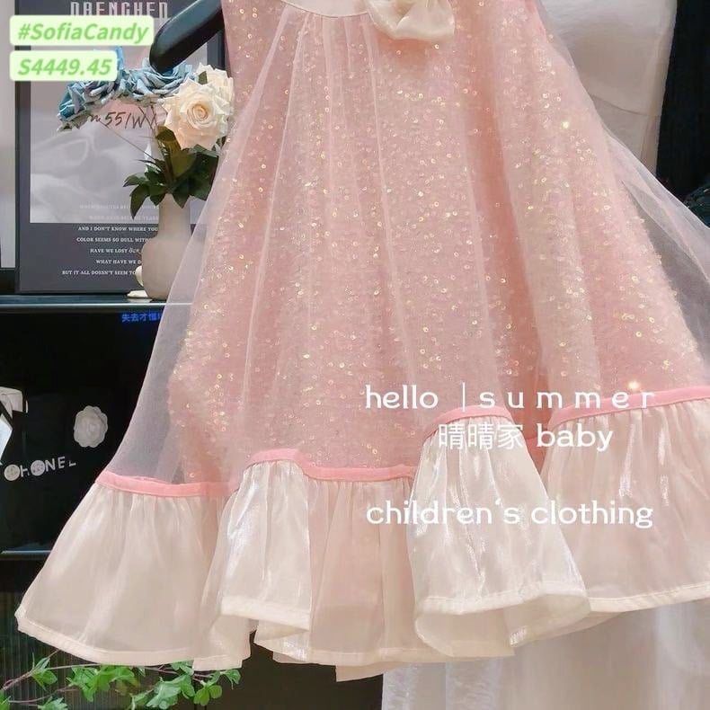 S4449 - Váy Sofia Candy công chúa kim sa hồng phối voan đính nơ cổ size 1 - 10y