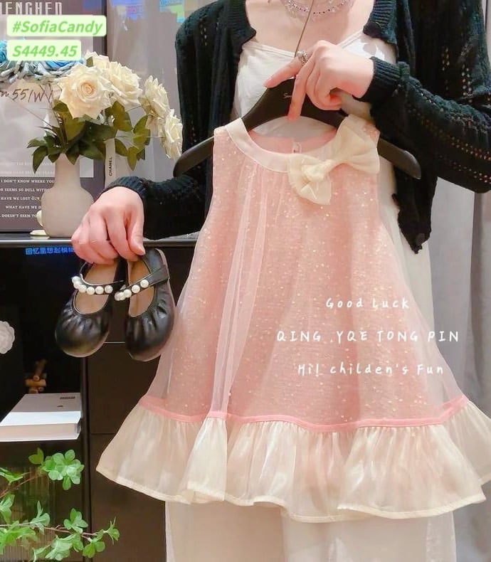 S4449 - Váy Sofia Candy công chúa kim sa hồng phối voan đính nơ cổ size 1 - 10y