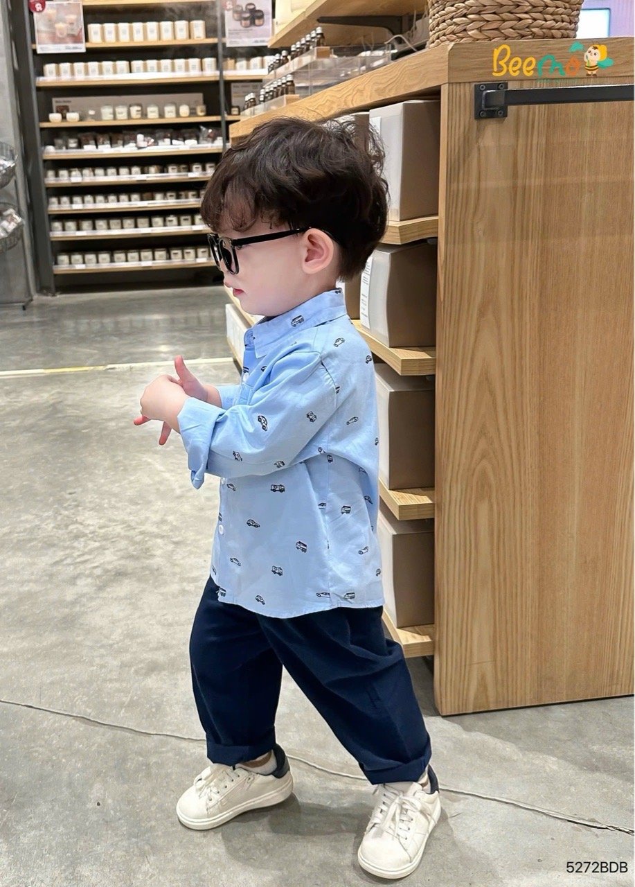 Bộ Beemo áo sơ mi ô tô in tràn + quần kaki bé trai 2 màu trắng/đen size 1-6y