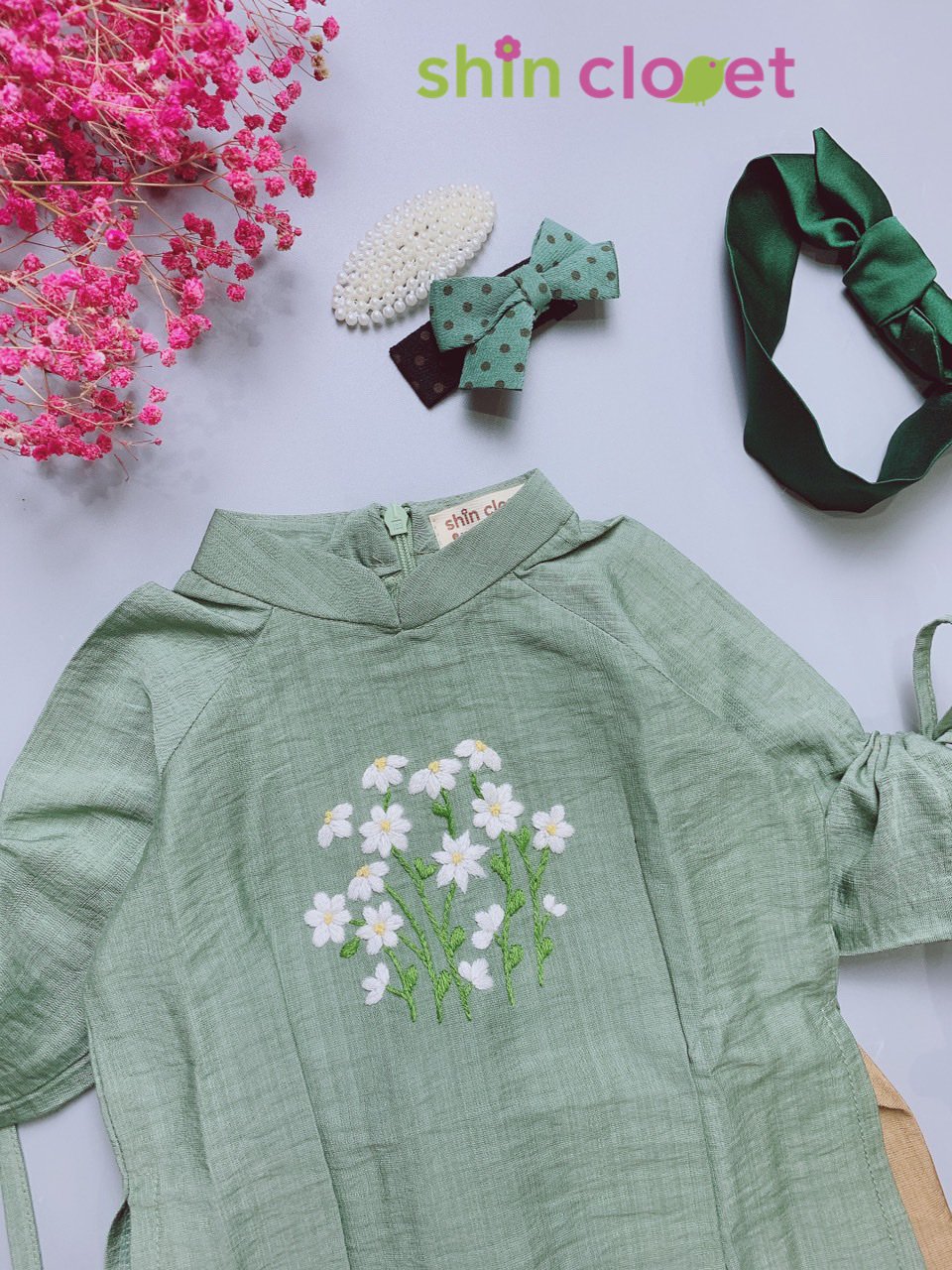 [1-5] Áo dài shin closet bé gái - linen thêu tay - xanh