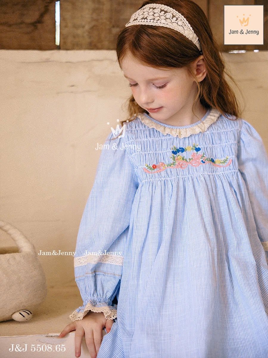 J5508 - Váy thô Jam&Jenny kẻ sọc xanh trắng thêu hoa ngực cổ ren size 2 - 12y