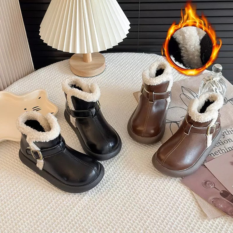 Bốt da cổ thấp viền lông 2 màu nâu/đen cho bé size 23-36