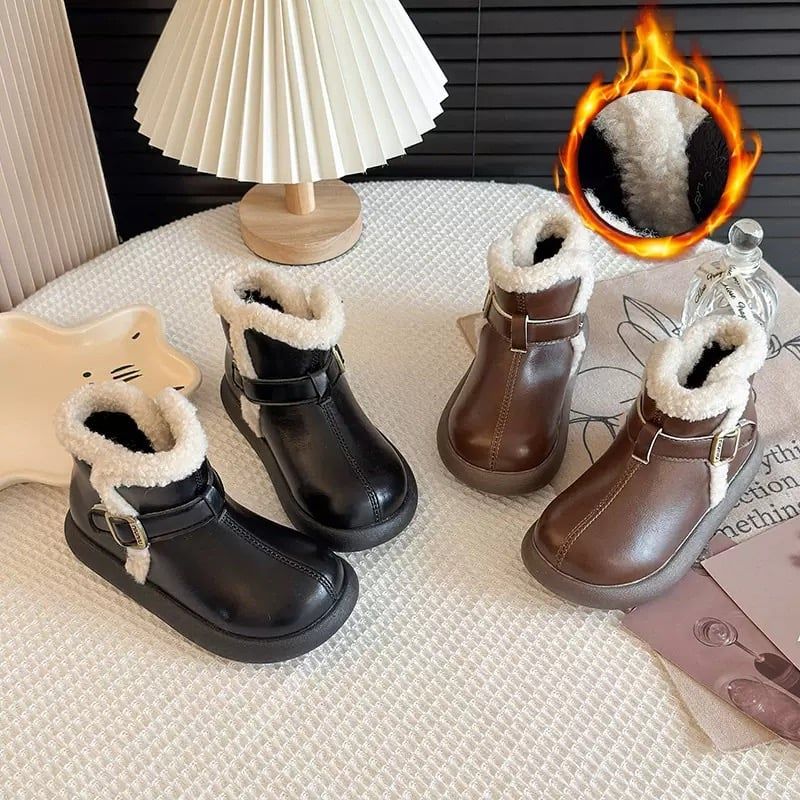 Bốt da cổ thấp viền lông 2 màu nâu/đen cho bé size 23-36