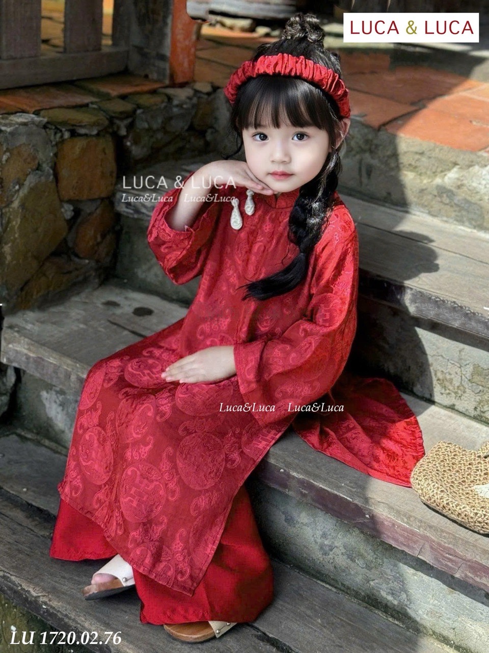 LU 1720 - Set áo dài LUCA gấm quần lụa 2 màu đỏ/xanh bé gái size 2-12y