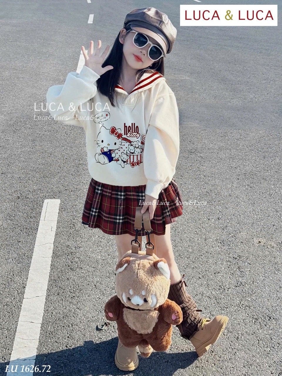 Lu 1626 - Bộ Luca áo cổ thủy thủ kitty + chân váy kẻ caro đỏ bé gái size 2-12y