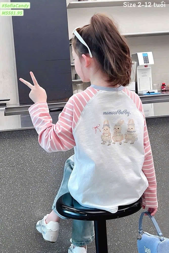 M5581 - Set bộ Mia Kids áo dài tay kẻ hồng + quần jean bé gái size 2-12y