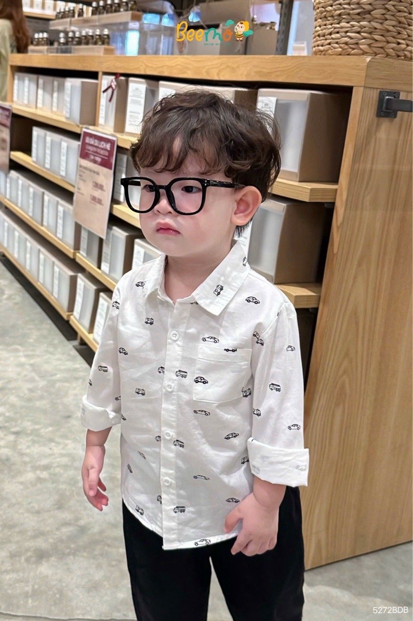 Bộ Beemo áo sơ mi ô tô in tràn + quần kaki bé trai 2 màu trắng/đen size 1-6y