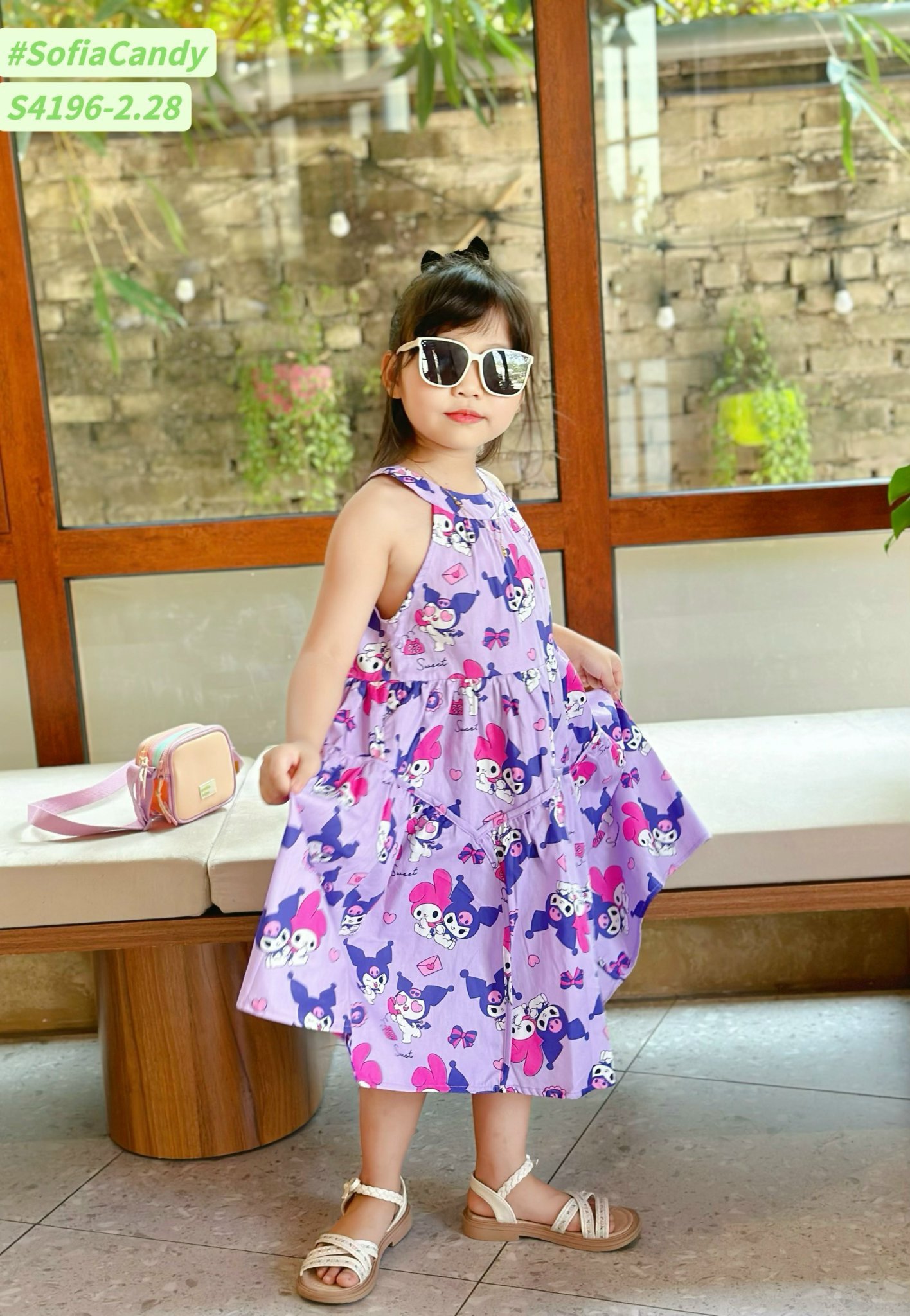 S4196 - Váy Kuromi Sofia Candy màu tím in tràn phối cổ yếm BG size 1-10y