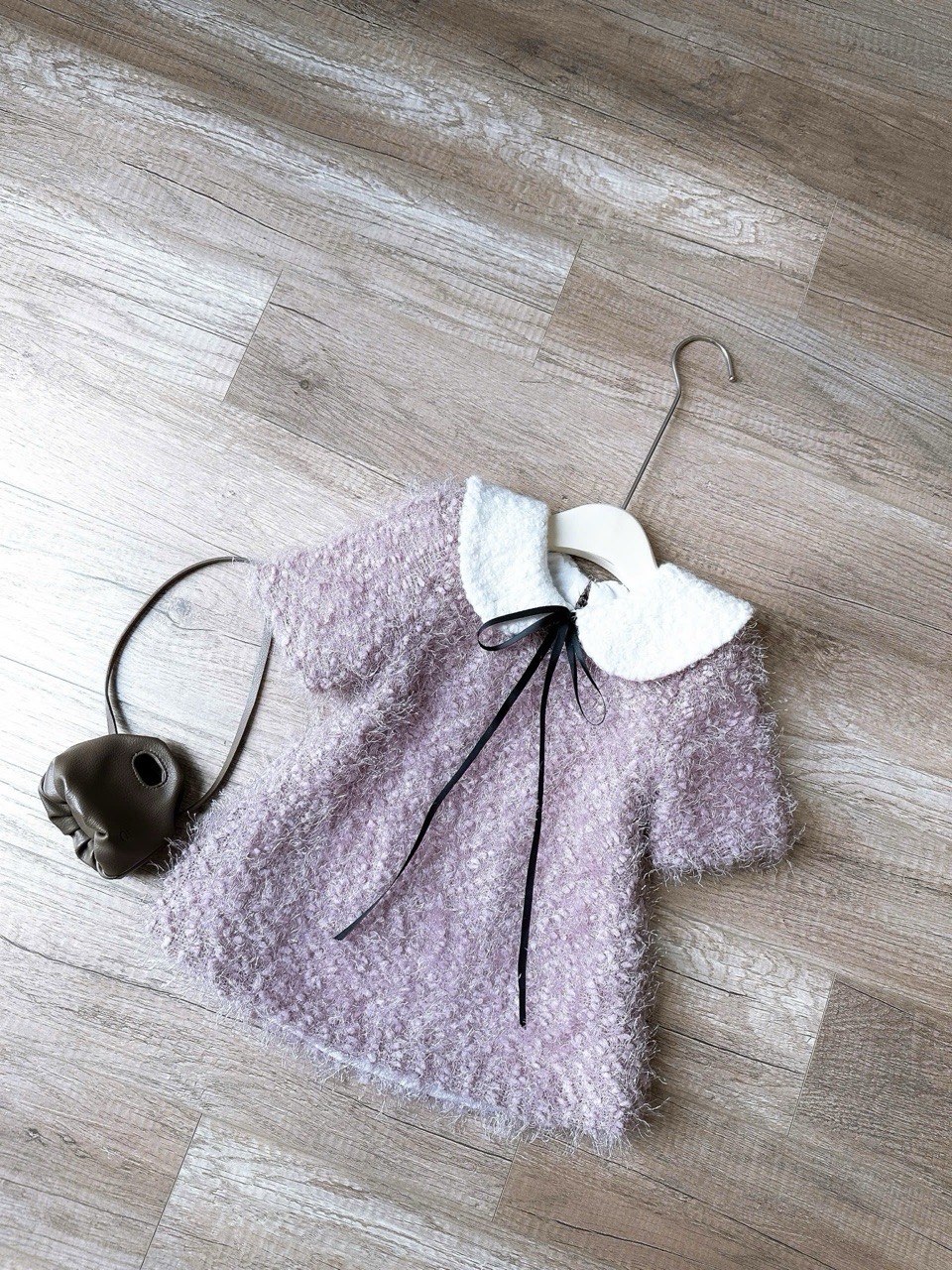 Váy len Tiny Winy lông phối cổ rời 2 màu hồng/đỏ cho bé size 1-9y