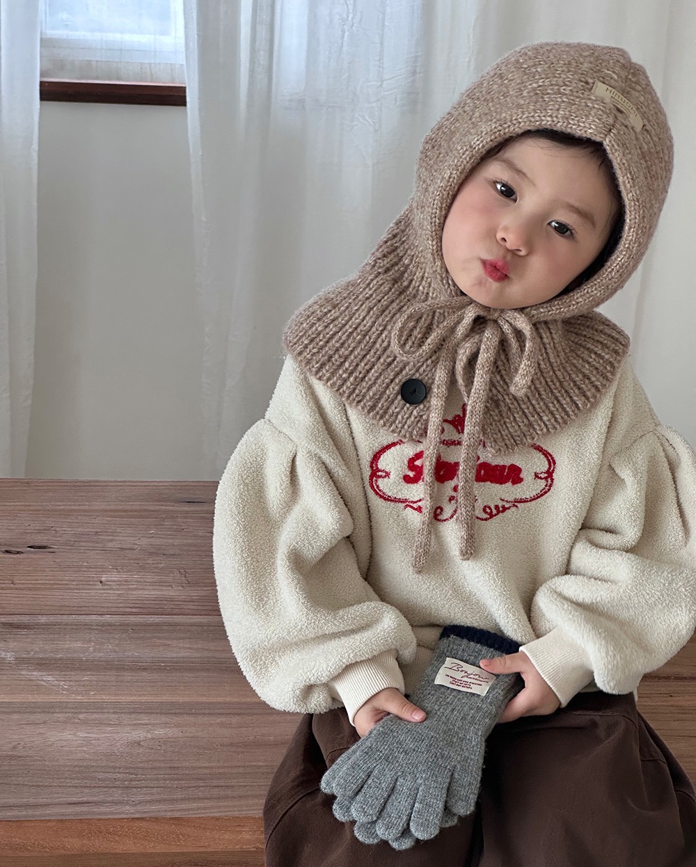 Mũ len liền khăn cài khuy nhiều màu cho bé size 3-8y