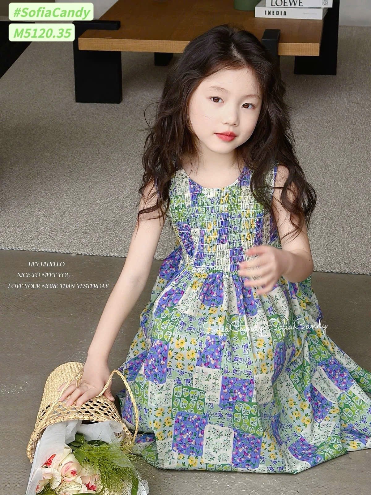 M5120 - Váy Mia Kids hoa tím xanh thêu smock cho bé gái size 1-10y