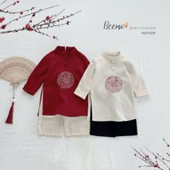 4597SDB - Áo dài Beemo bé trai thêu 2 màu đỏ/be size 80-130