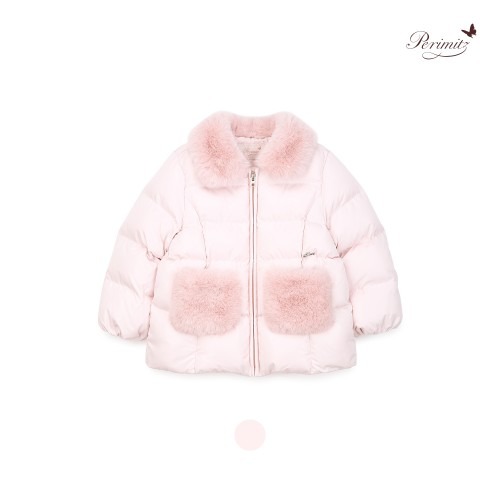 Áo khoác phao xuất Hàn màu hồng cổ lông bé gái size 100-140