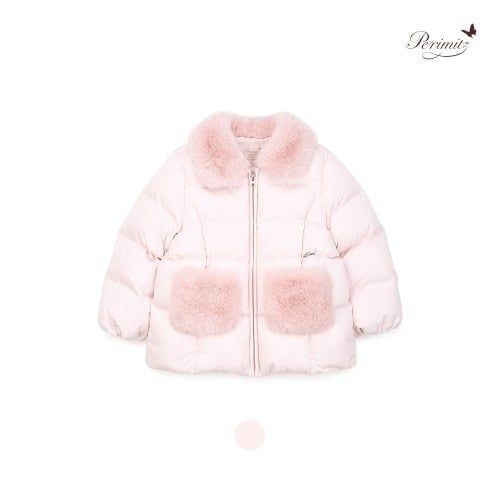 Áo khoác phao xuất Hàn màu hồng cổ lông bé gái size 100-140