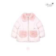 Áo khoác phao xuất Hàn màu hồng cổ lông bé gái size 100-140