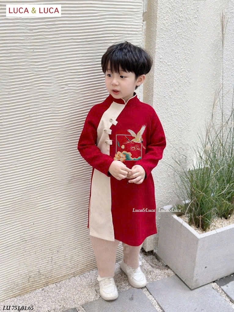 LU 751 - Set áo dài nhung tăm Luca bé trai hình sen hạc 2 màu đỏ / vàng size 2 - 12y