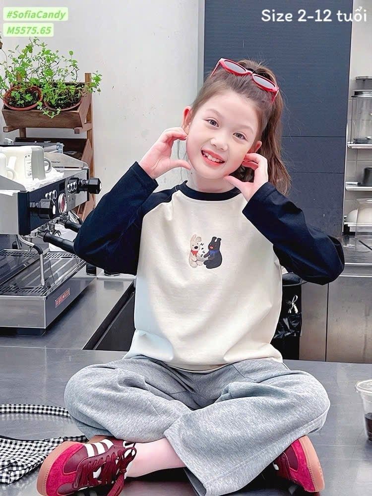 M5575 - Bộ Mia Kids áo dài tay cotton in hình cún + quần nỉ ghi size 2-12y