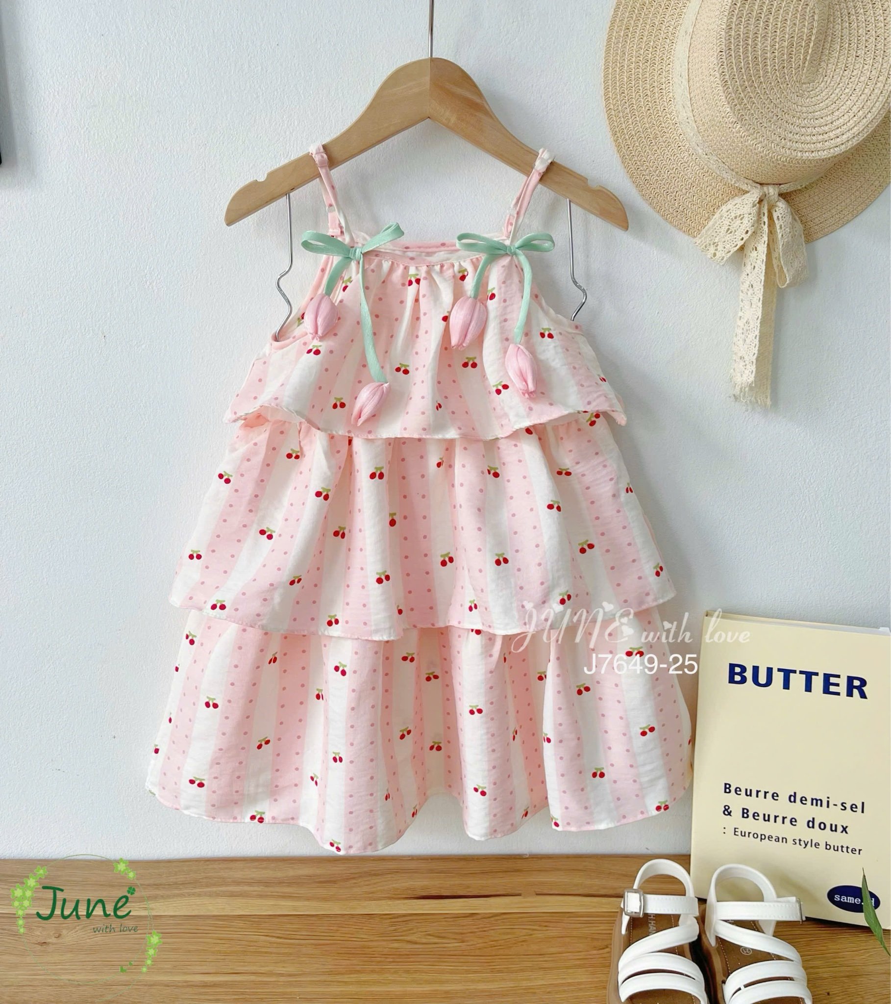J7649 - Váy June with love 2 dây họa tiết đính hoa tulip hồng bé gái size 2-12y
