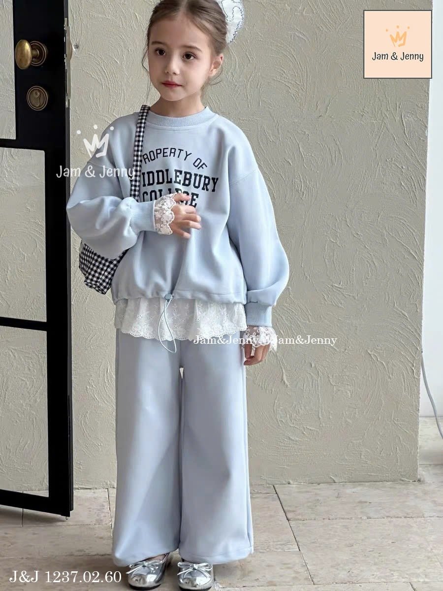 JJ 1237 - Bộ nỉ da cá mỏng Jam & Jenny 2 màu hồng/xanh bé gái size 2-12y