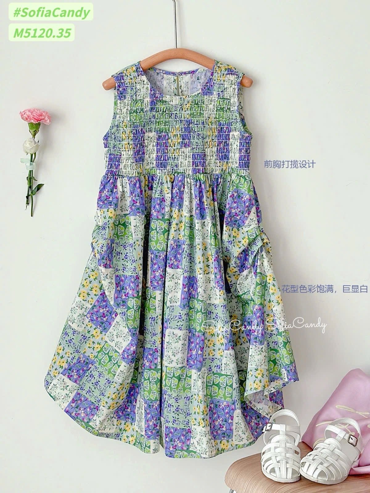 M5120 - Váy Mia Kids hoa tím xanh thêu smock cho bé gái size 1-10y