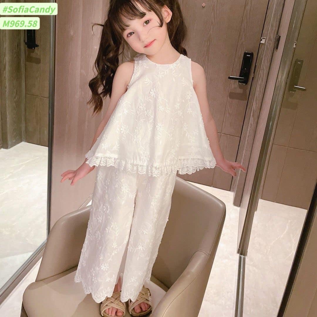 Bộ Mia Kids thô thêu đính hoa màu trắng áo sát nách + quần dài size 1-10y