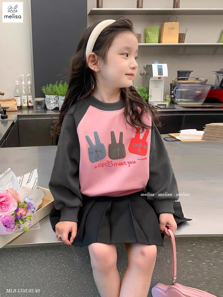 Set nỉ Melisa hình thỏ Nice Meet You - chân váy xếp li 2 màu size 2 - 12y