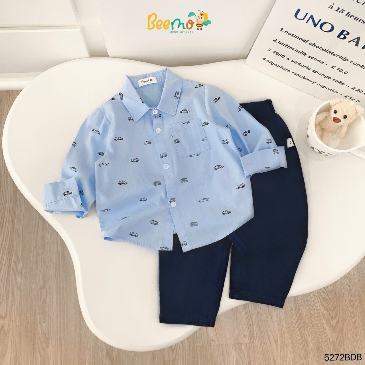 Bộ Beemo áo sơ mi ô tô in tràn + quần kaki bé trai 2 màu trắng/đen size 1-6y