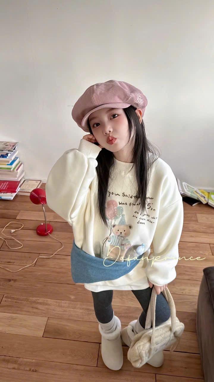 15348 - Áo nỉ lót nỉ QCCC màu kem gấu bóng bay size 110-160