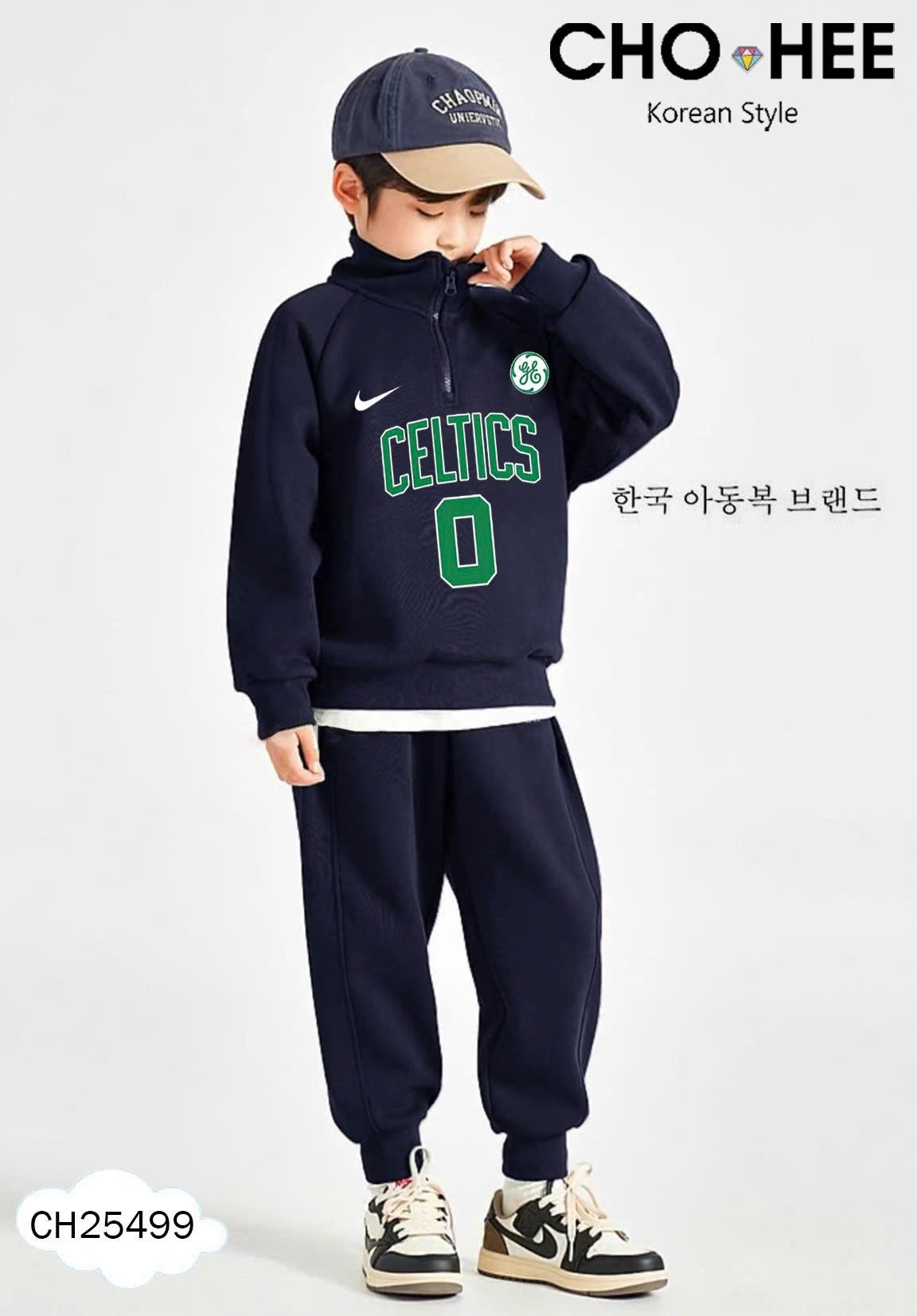 CH25499 - Bộ nỉ Chohee màu navy cổ trụ khóa bé trai size 3-12y