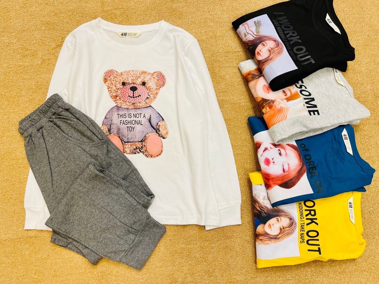 Bộ cotton dài tay HM nhiều hình bé gái 7-16y