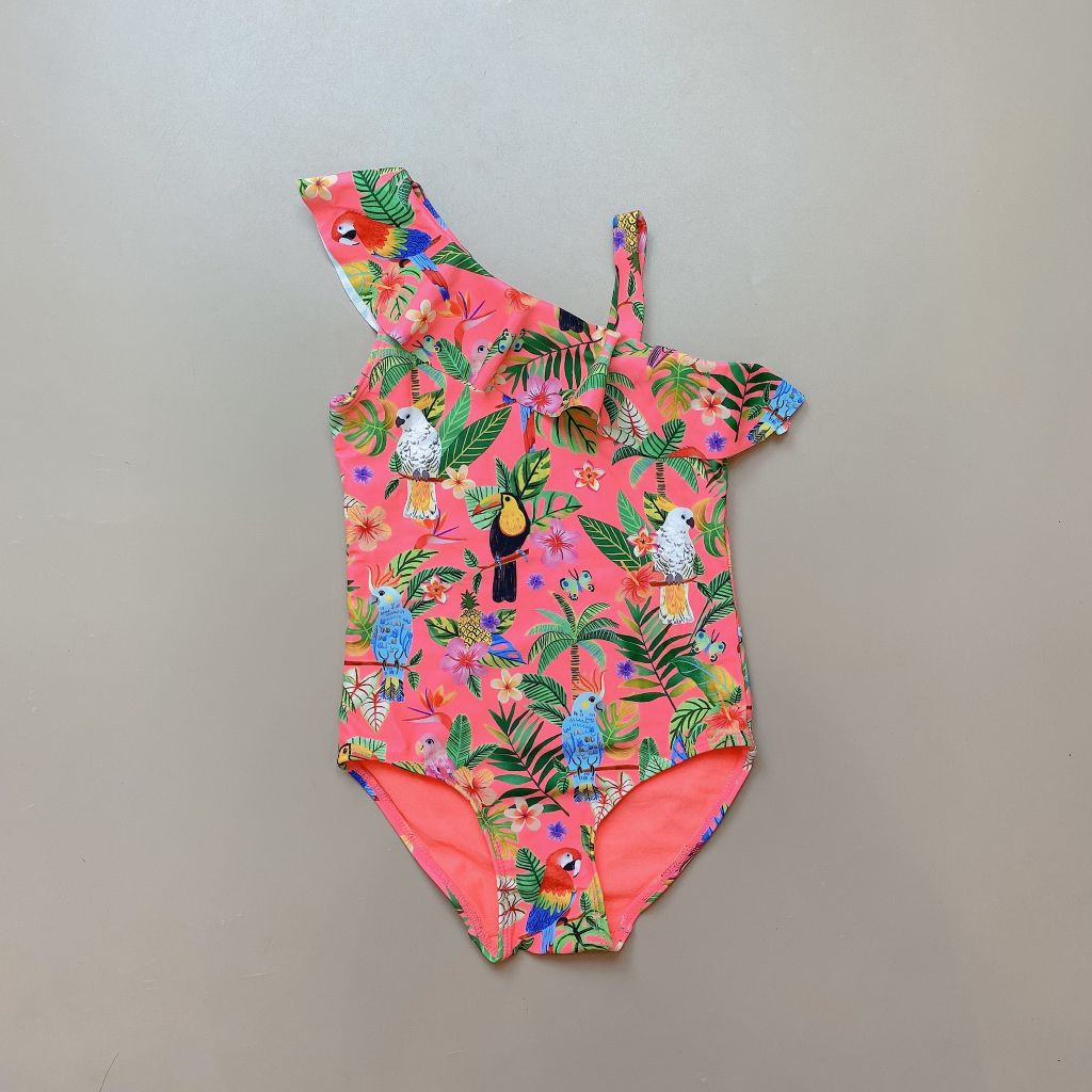 Bộ bơi liền HM màu cam neon hình vẹt vạt bèo lệch size 2 - 10y