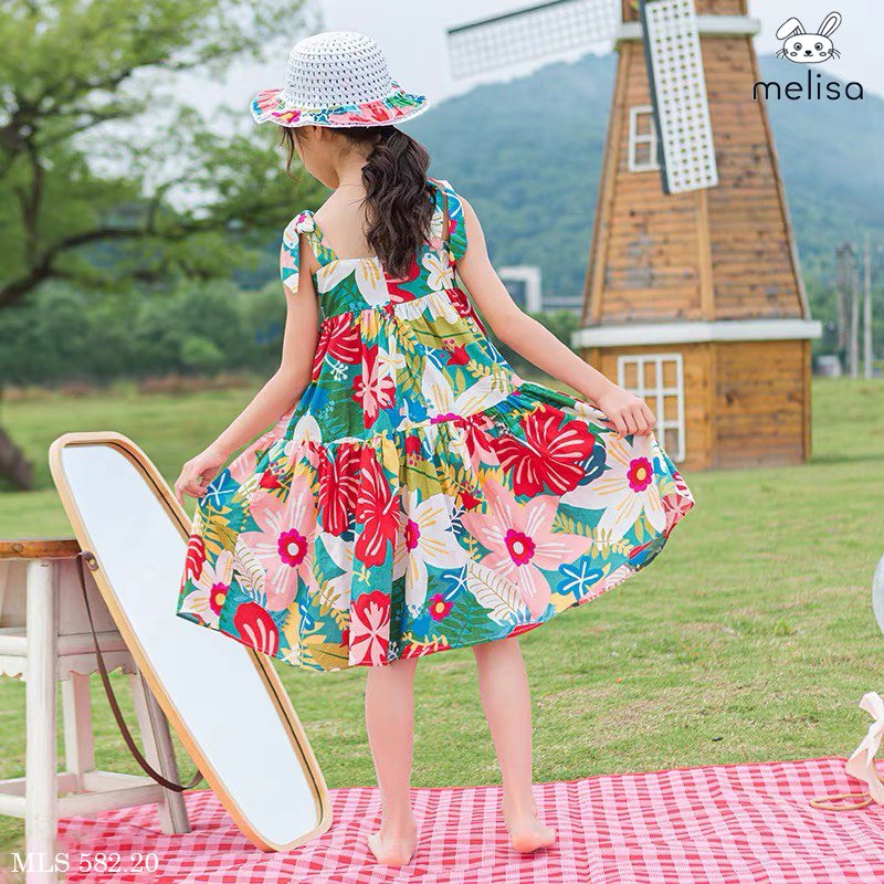 V00005 - Váy thô hai dây nơ vai Melisa hoa sắc màu size 2 - 11y