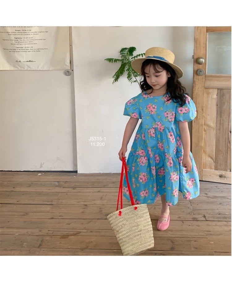 V00026 - Váy thô June xếp tầng tay bồng 2 màu hoa size 1 - 10y