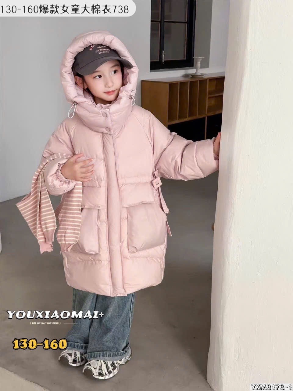 Áo khoác phao dáng dài lót nỉ kèm khăn nhiều màu cho bé size 130-160