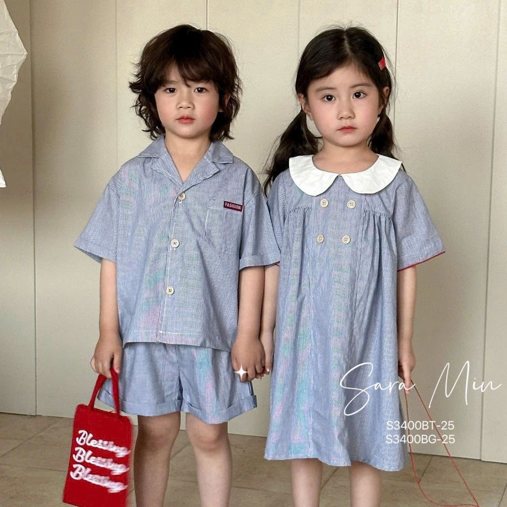 S3400 - Set bộ/ Váy Sara Min kẻ xanh cho bé mặc đôi size 2-12y