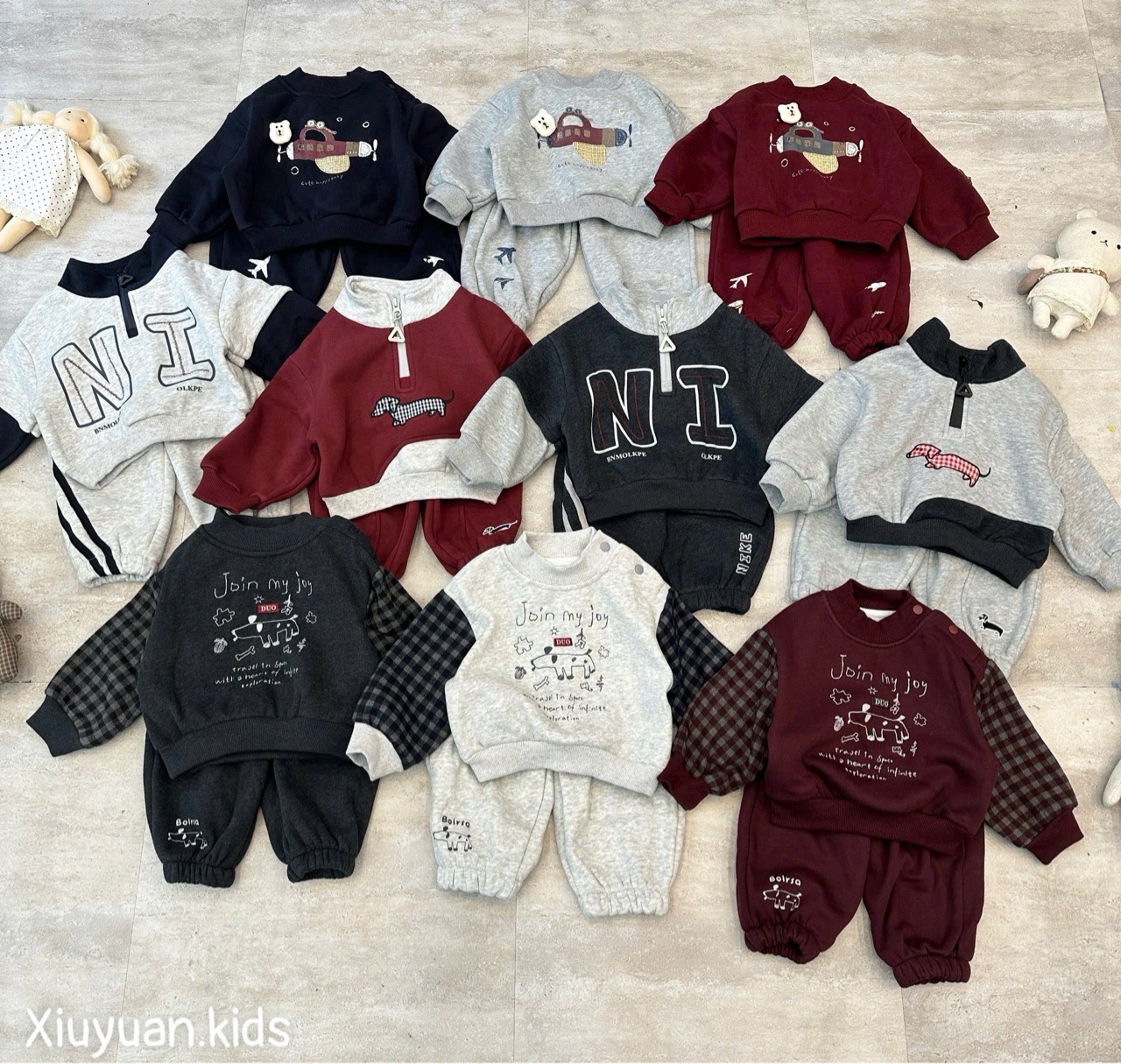 8837 - Bộ nỉ lót nỉ QCCC máy bay 2 màu ghi/đỏ bé trai size 73-100