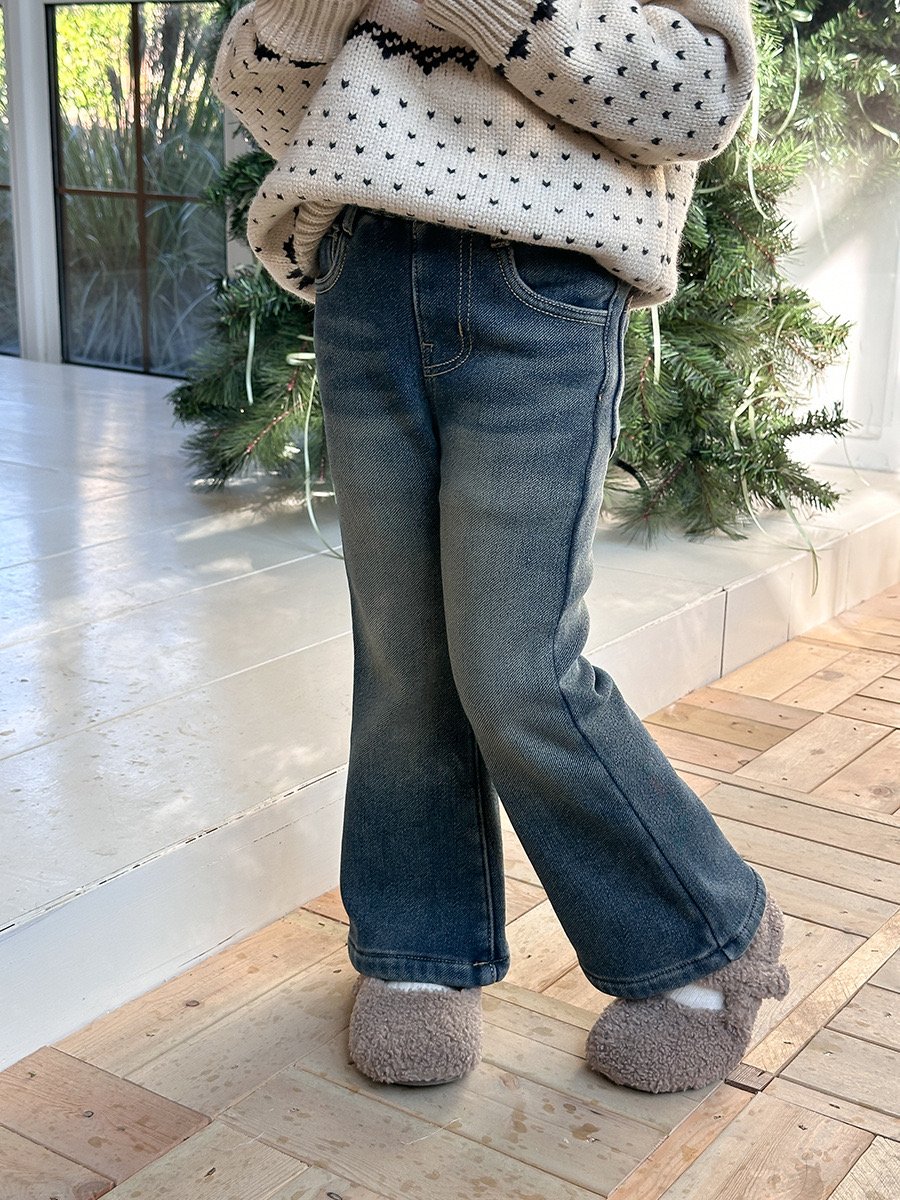 Quần jean Ambb mềm lót nỉ ống loe màu xanh đậm bé gái size 110-160